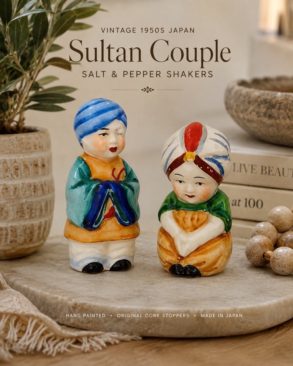 Vintage 1950s Japan Sultan Couple Salt Pepper Shakers Hand Painted Figural